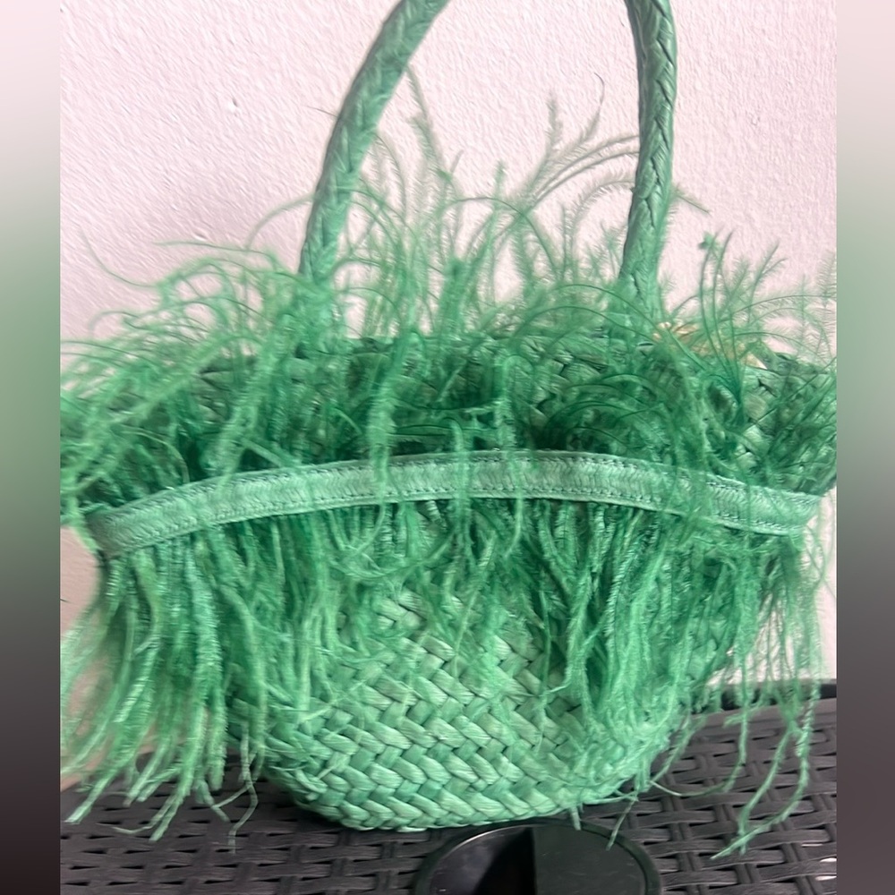 Zara  Green Fringe Tote with Basket Texture